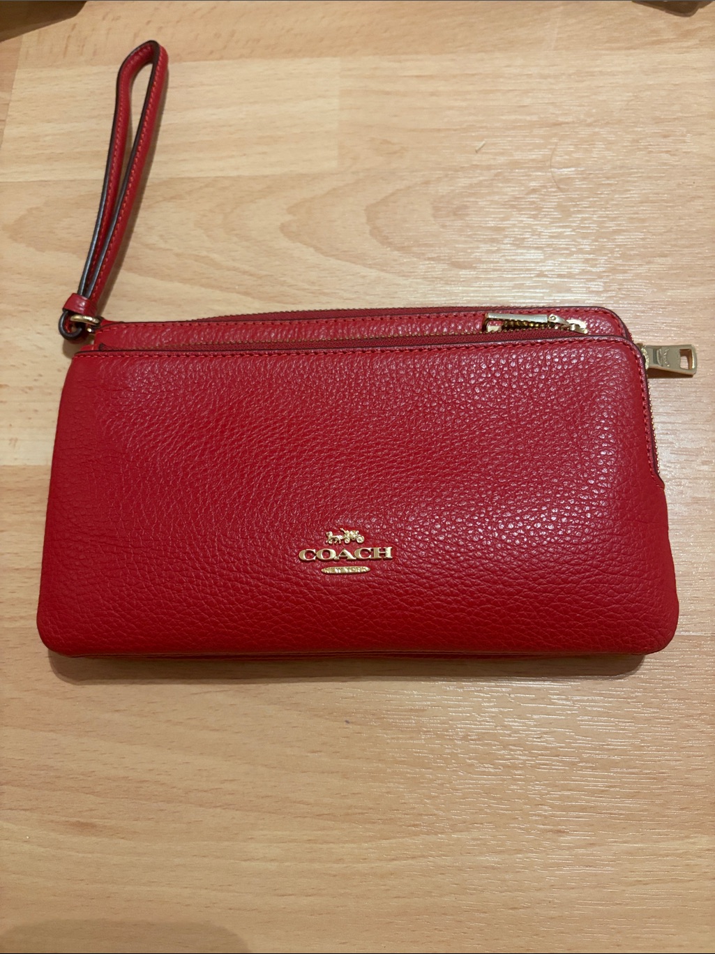 Coach Red Pebbled Leather Wristlet With Gold Accent